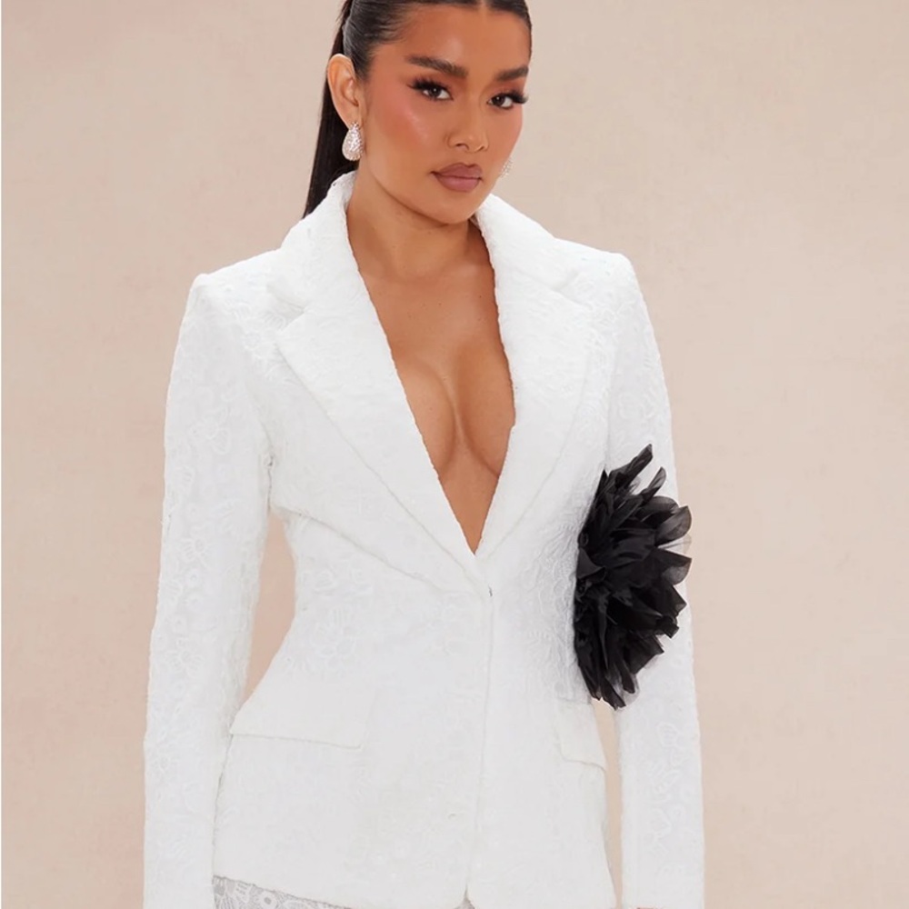 Fashion Nova White Blazer with Black Floral Accent